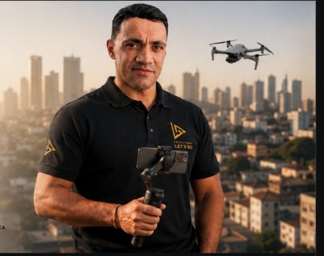 Felipe Magalhães segurando um estabilizador, com drone e cidade ao fundo